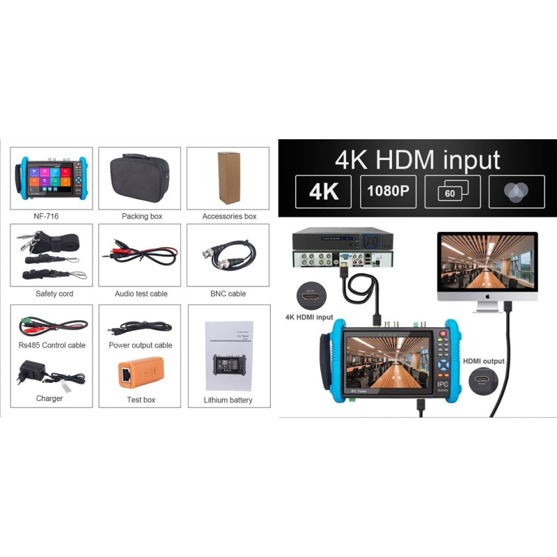 Noyafa NF-IPC716ADHS 7'' Ekranlı IPC-ONVIF-AHD-CVI-TVI-HDMI-Analog Girişli Cctv Kamera Test Cihazı