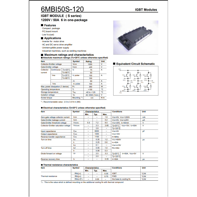 6MBI50S120 50A 1200V FUJI IGBT Modül